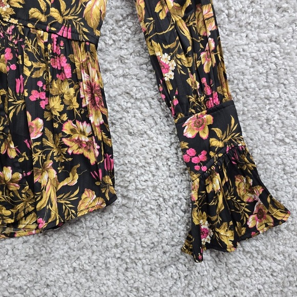 Anthropologie Top Womens XS Black Floral Button Up Deep V-Neck Feminine Romantic - Picture 2 of 12